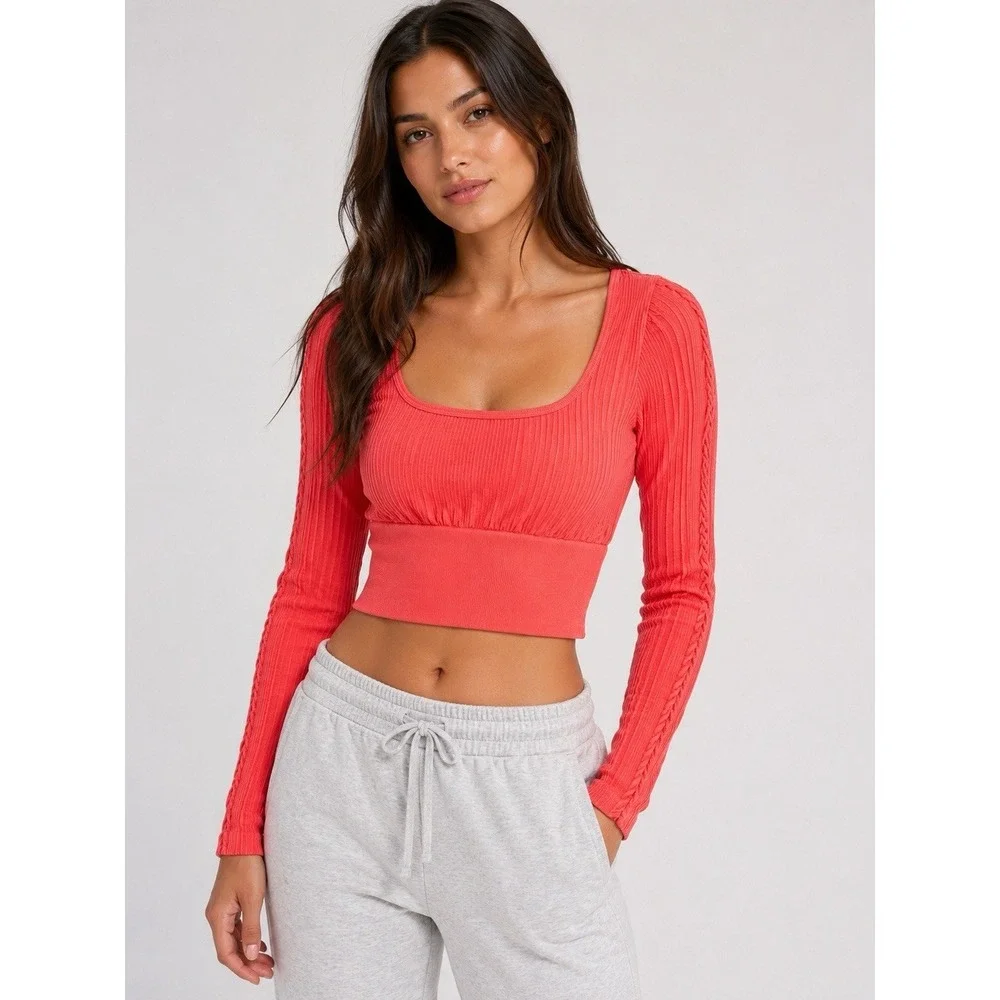 OFFLINE by Aerie Ribbed Long Sleeve Crop Top Coral Women's Small Athleisure